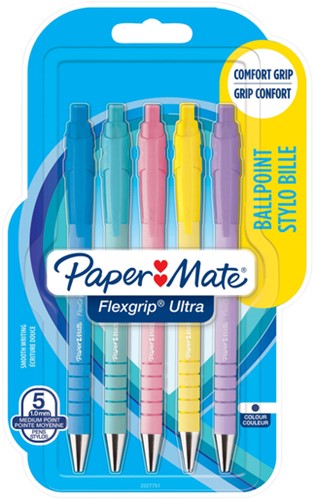 Balpen Paper Mate Flexgrip drukknop pastel 5 Stuk